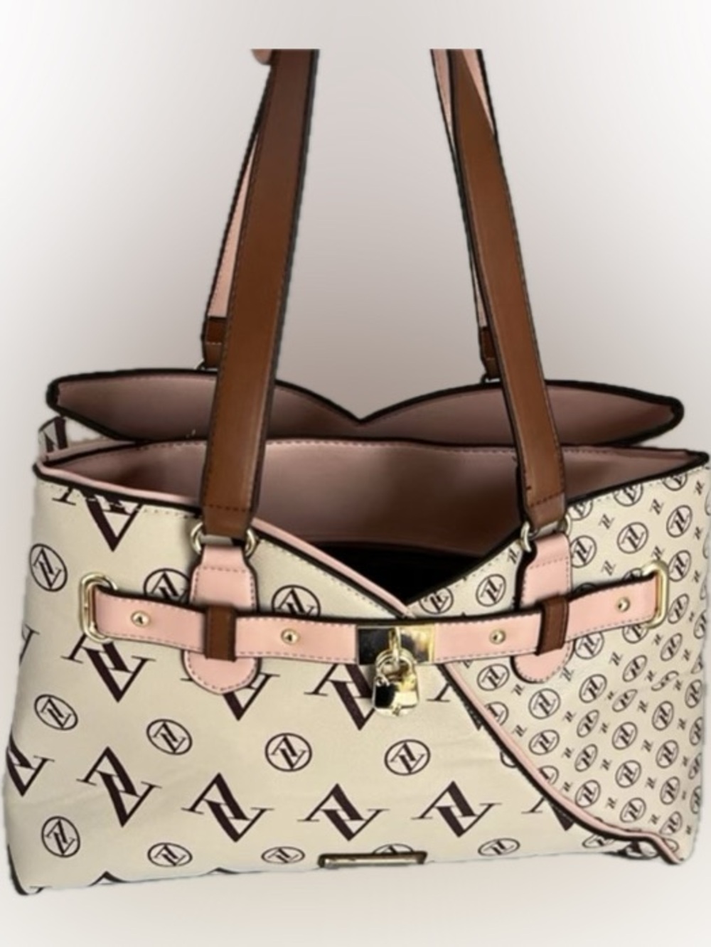 Adrienne Vittadini Beige, Pink & Brown Logo Tote with Gold Hardware - Picture 2 of 11